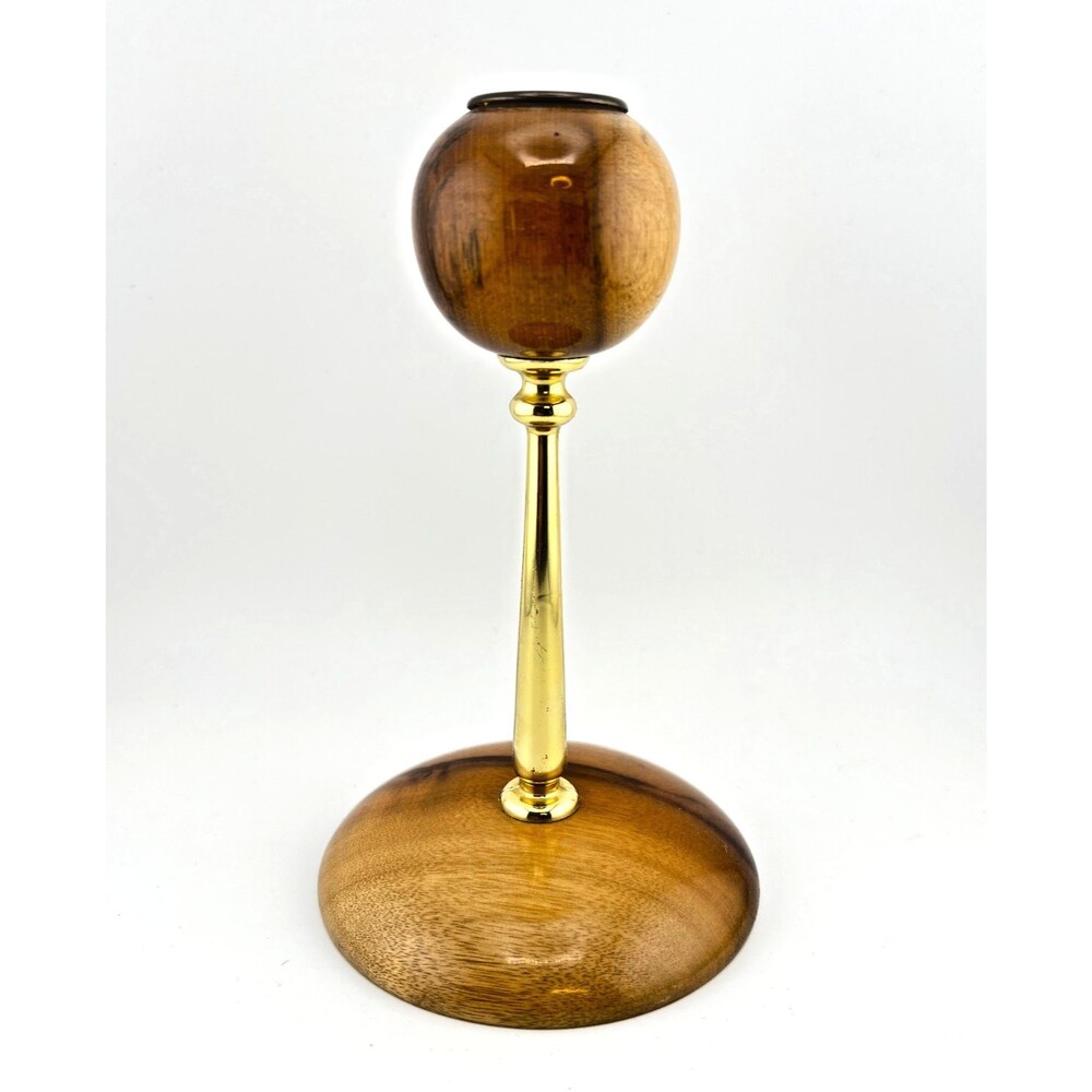 MCM Candle Holder Oregon Myrtlewood Brass Stem Turned Wood Artisan Decor Vtg